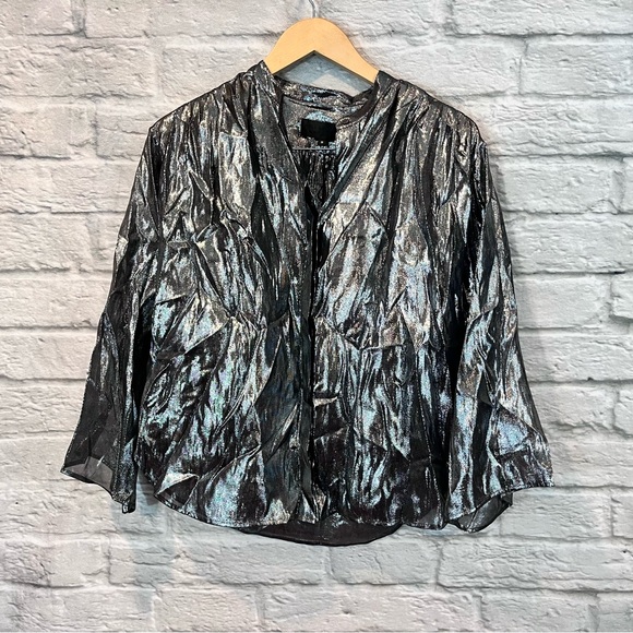 NWT - NILI LOTAN Sz Medium- Marlaina Silver Metallic Sheer Button Up Blouse - Picture 5 of 12